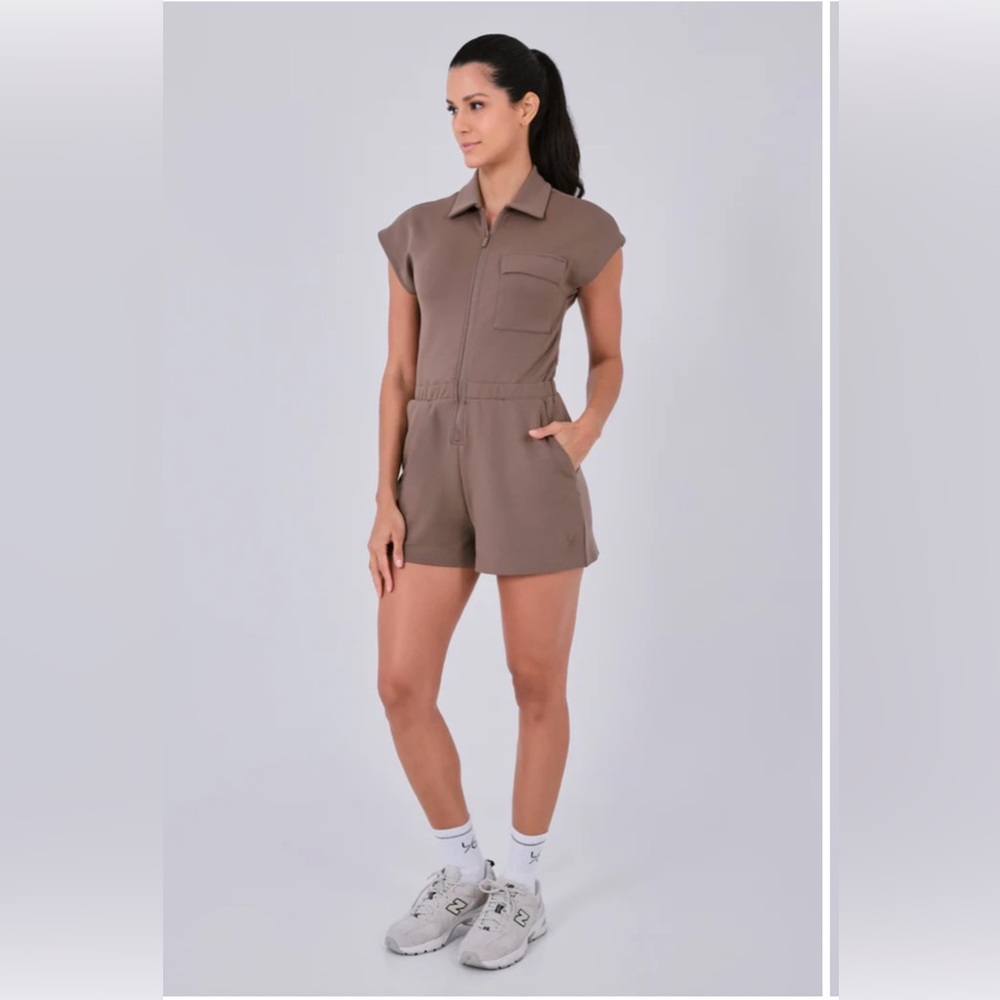 Taupe Short Sleeve Zip Romper